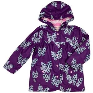 Hatley Purple Butterfly Girls Sz 5 Hooded Raincoat Jacket Flower Snap Lined